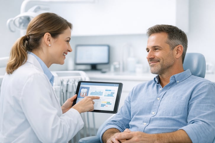 A modern dental clinic scene with a professional dentist and a patient in the foreground The dentist is explaining something on a tablet or computer s